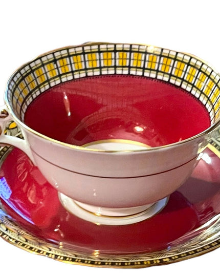 Vintage Aynsley Burgundy wheat & plaid print gold finish tea cup saucer china