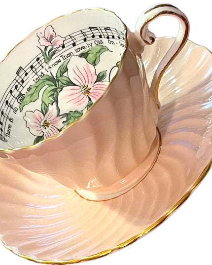 Vintage Aynsley White trillium limited Ed Tea cup saucer pastel pink music notes