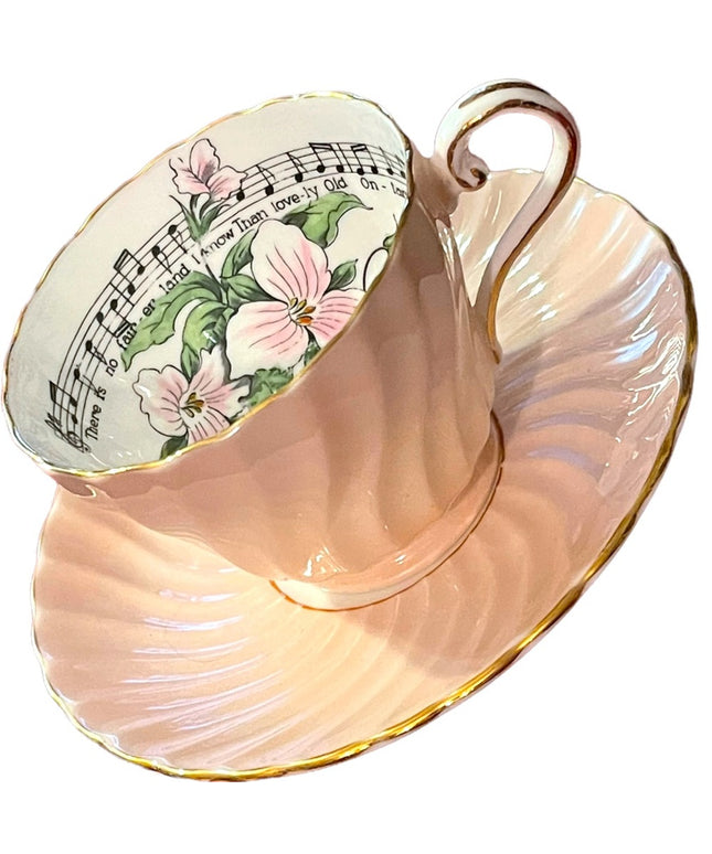 Vintage Aynsley White trillium limited Ed Tea cup saucer pastel pink music notes