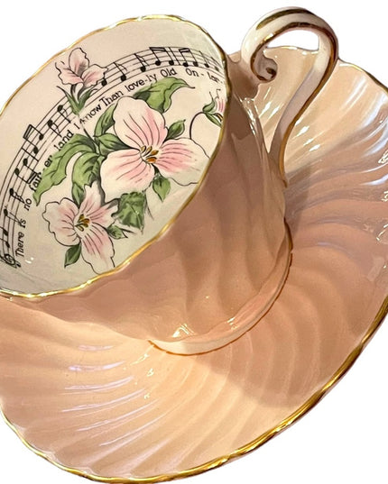 Vintage Aynsley White trillium limited Ed Tea cup saucer pastel pink music notes