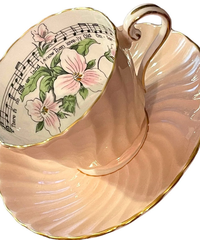 Vintage Aynsley White trillium limited Ed Tea cup saucer pastel pink music notes