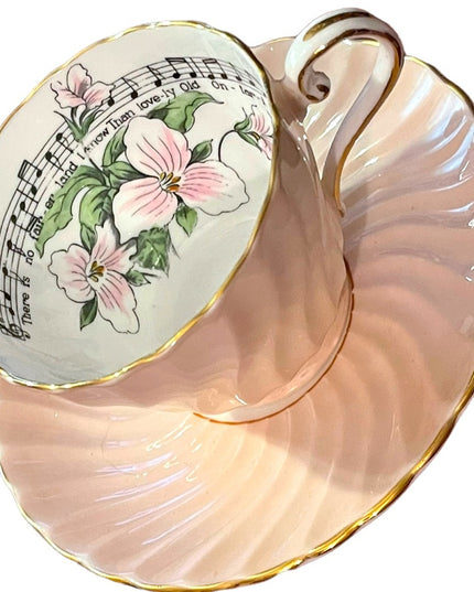 Vintage Aynsley White trillium limited Ed Tea cup saucer pastel pink music notes