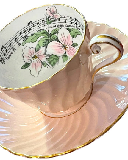 Vintage Aynsley White trillium limited Ed Tea cup saucer pastel pink music notes