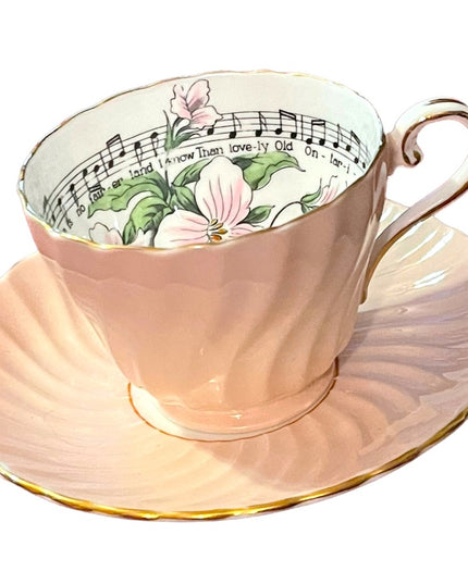 Vintage Aynsley White trillium limited Ed Tea cup saucer pastel pink music notes