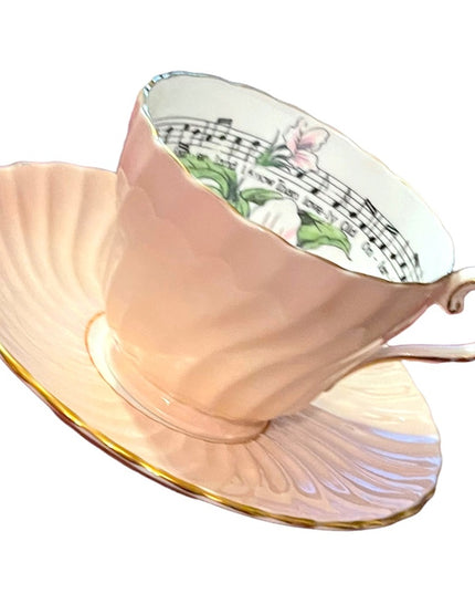 Vintage Aynsley White trillium limited Ed Tea cup saucer pastel pink music notes