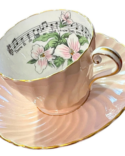 Vintage Aynsley White trillium limited Ed Tea cup saucer pastel pink music notes