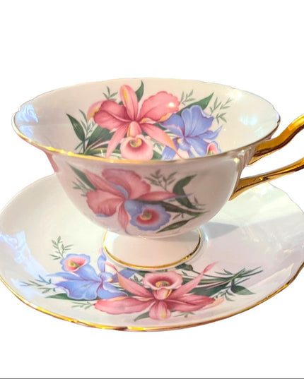 Vintage SHELLEY Tea cup and saucer Pink Orchids Bone China England flowers