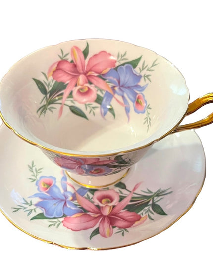 Vintage SHELLEY Tea cup and saucer Pink Orchids Bone China England flowers