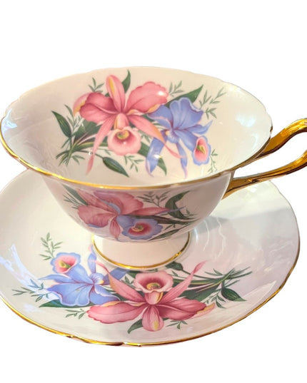 Vintage SHELLEY Tea cup and saucer Pink Orchids Bone China England flowers