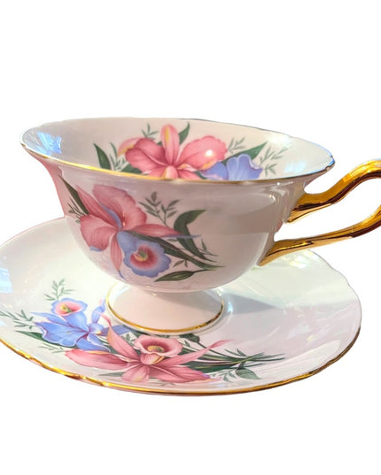 Vintage SHELLEY Tea cup and saucer Pink Orchids Bone China England flowers
