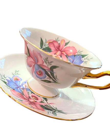 Vintage SHELLEY Tea cup and saucer Pink Orchids Bone China England flowers