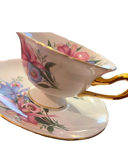 Vintage SHELLEY Tea cup and saucer Pink Orchids Bone China England flowers