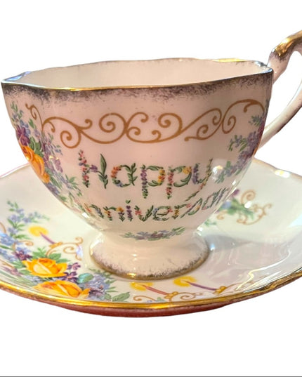 Vintage Queen Anne tea cup and saucer Happy Anniversary gift Bone china floral