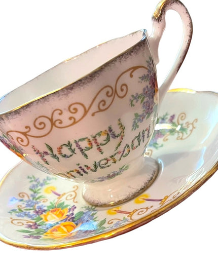 Vintage Queen Anne tea cup and saucer Happy Anniversary gift Bone china floral