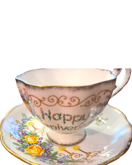 Vintage Queen Anne tea cup and saucer Happy Anniversary gift Bone china floral