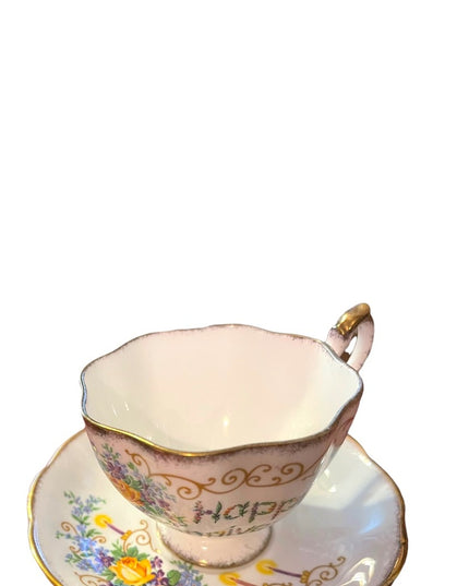 Vintage Queen Anne tea cup and saucer Happy Anniversary gift Bone china floral