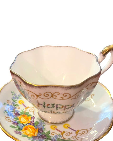 Vintage Queen Anne tea cup and saucer Happy Anniversary gift Bone china floral