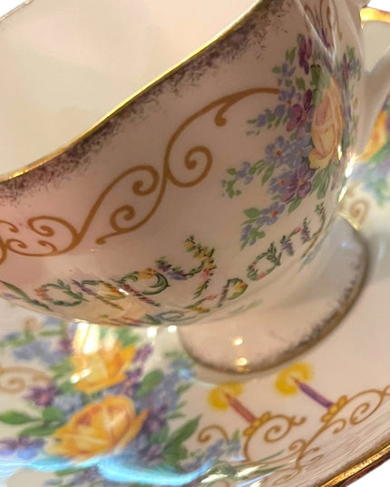 Vintage Queen Anne tea cup and saucer Happy Anniversary gift Bone china floral