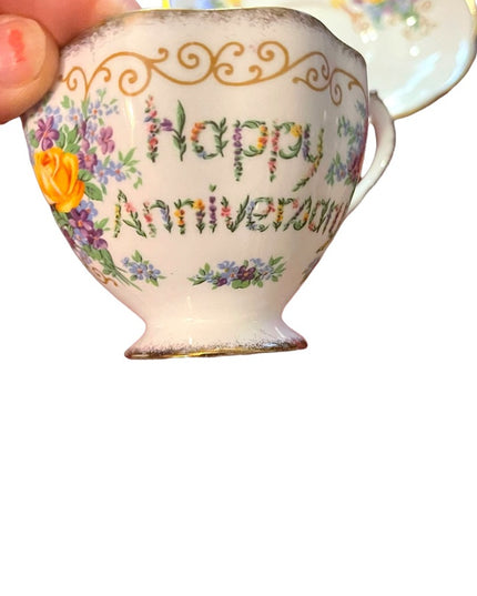 Vintage Queen Anne tea cup and saucer Happy Anniversary gift Bone china floral