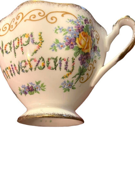 Vintage Queen Anne tea cup and saucer Happy Anniversary gift Bone china floral