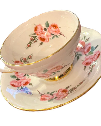 Sutherland England Tea Cup Saucer pastel pink floral flowers Fine Bone China