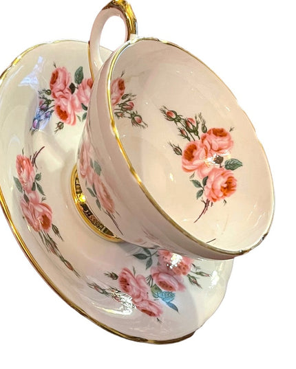 Sutherland England Tea Cup Saucer pastel pink floral flowers Fine Bone China
