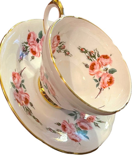 Sutherland England Tea Cup Saucer pastel pink floral flowers Fine Bone China