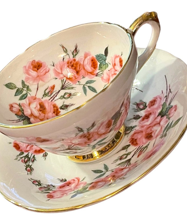 Sutherland England Tea Cup Saucer pastel pink floral flowers Fine Bone China