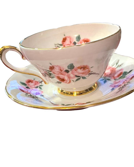 Sutherland England Tea Cup Saucer pastel pink floral flowers Fine Bone China