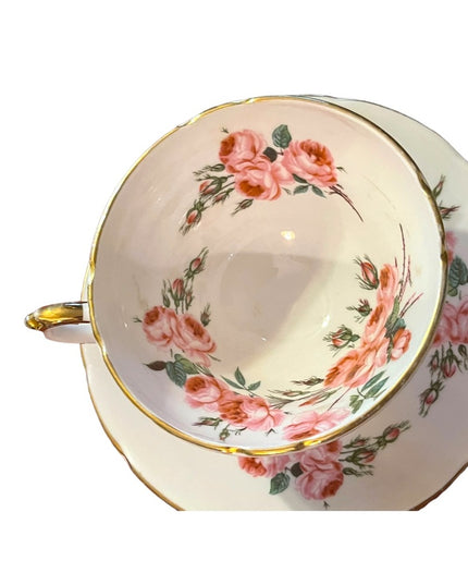 Sutherland England Tea Cup Saucer pastel pink floral flowers Fine Bone China
