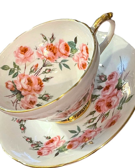 Sutherland England Tea Cup Saucer pastel pink floral flowers Fine Bone China