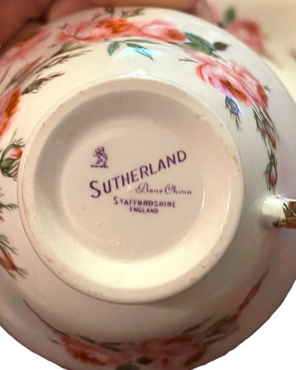 Sutherland England Tea Cup Saucer pastel pink floral flowers Fine Bone China
