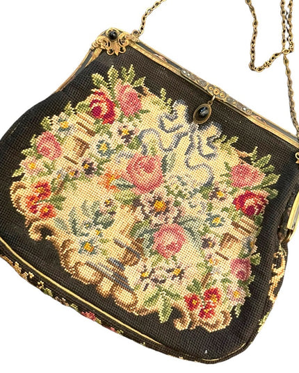 Antique Petite point Flowers Victorian ornate enameled purse blk onyx handmade