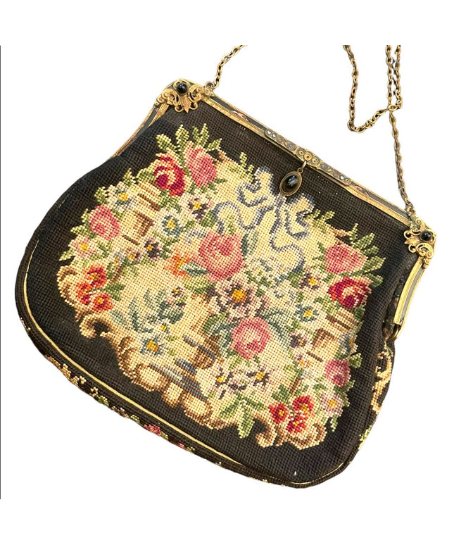 Antique Petite point Flowers Victorian ornate enameled purse blk onyx handmade