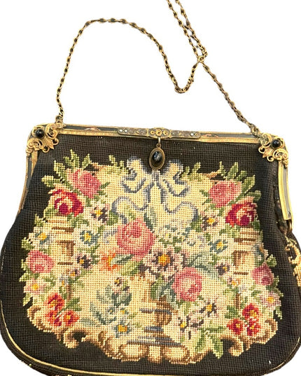 Antique Petite point Flowers Victorian ornate enameled purse blk onyx handmade