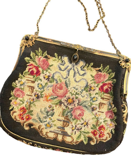 Antique Petite point Flowers Victorian ornate enameled purse blk onyx handmade