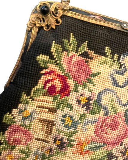Antique Petite point Flowers Victorian ornate enameled purse blk onyx handmade