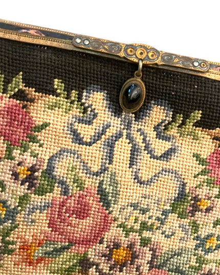 Antique Petite point Flowers Victorian ornate enameled purse blk onyx handmade
