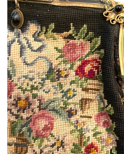 Antique Petite point Flowers Victorian ornate enameled purse blk onyx handmade