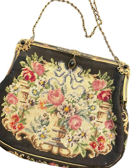 Antique Petite point Flowers Victorian ornate enameled purse blk onyx handmade