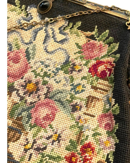 Antique Petite point Flowers Victorian ornate enameled purse blk onyx handmade