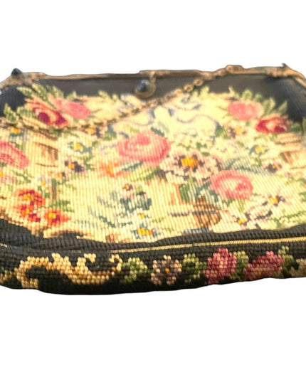 Antique Petite point Flowers Victorian ornate enameled purse blk onyx handmade