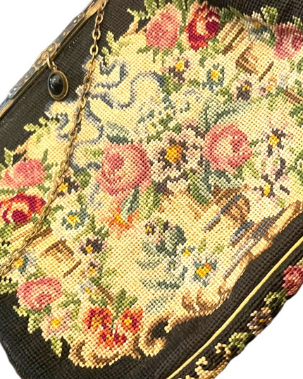 Antique Petite point Flowers Victorian ornate enameled purse blk onyx handmade