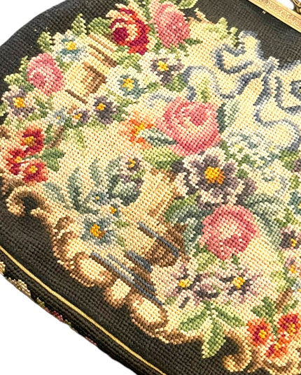 Antique Petite point Flowers Victorian ornate enameled purse blk onyx handmade