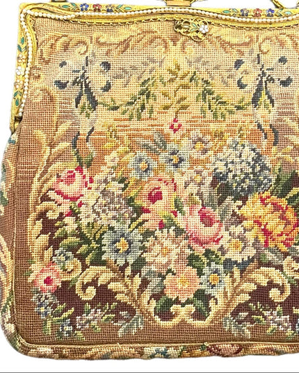 Antique Victorian Ornate cloissone enameled ornate flowers petite point purse
