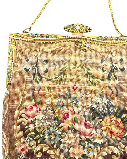 Antique Victorian Ornate cloissone enameled ornate flowers petite point purse