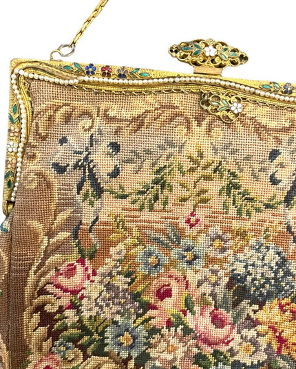 Antique Victorian Ornate cloissone enameled ornate flowers petite point purse