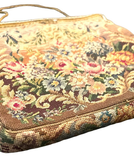 Antique Victorian Ornate cloissone enameled ornate flowers petite point purse