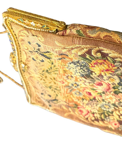 Antique Victorian Ornate cloissone enameled ornate flowers petite point purse