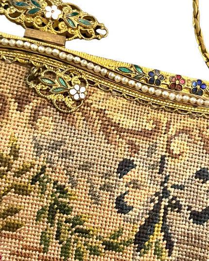 Antique Victorian Ornate cloissone enameled ornate flowers petite point purse